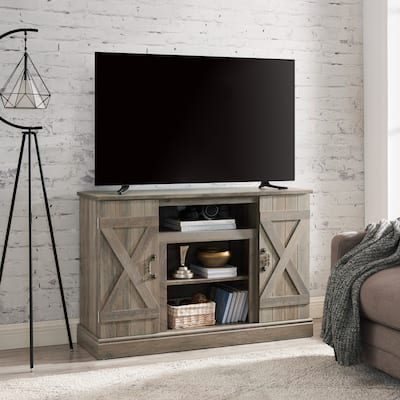 Wood TV Stand with Barn Doors, Media Entertainment Center with Open Storage Shelves, Console Table with Closed Storage Space