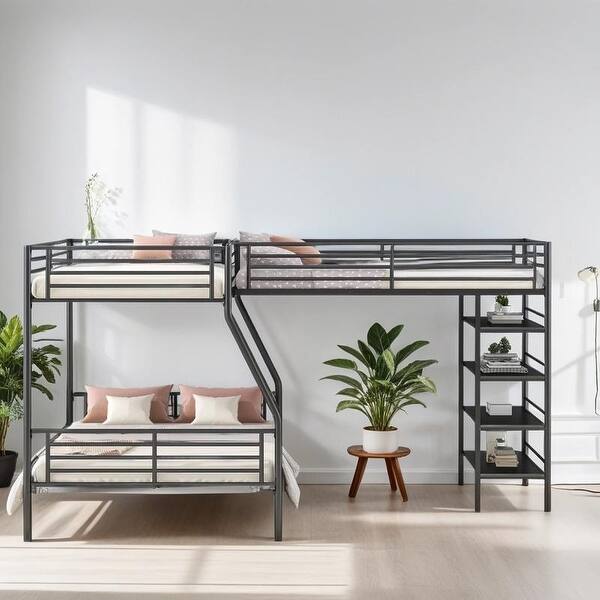 slide 2 of 12, L-Shaped Metal Twin over Full Bunk Bed with 4 Built-in Shelves, Black Black