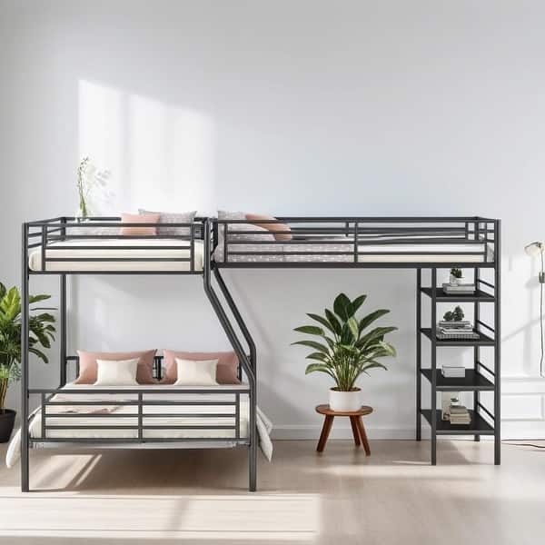 slide 2 of 12, Stylish & Simple L-Shaped Metal Twin over Full Bunk Bed and Twin Size Loft Bed with Four Built-in Shelves, Space-saving, Black Black