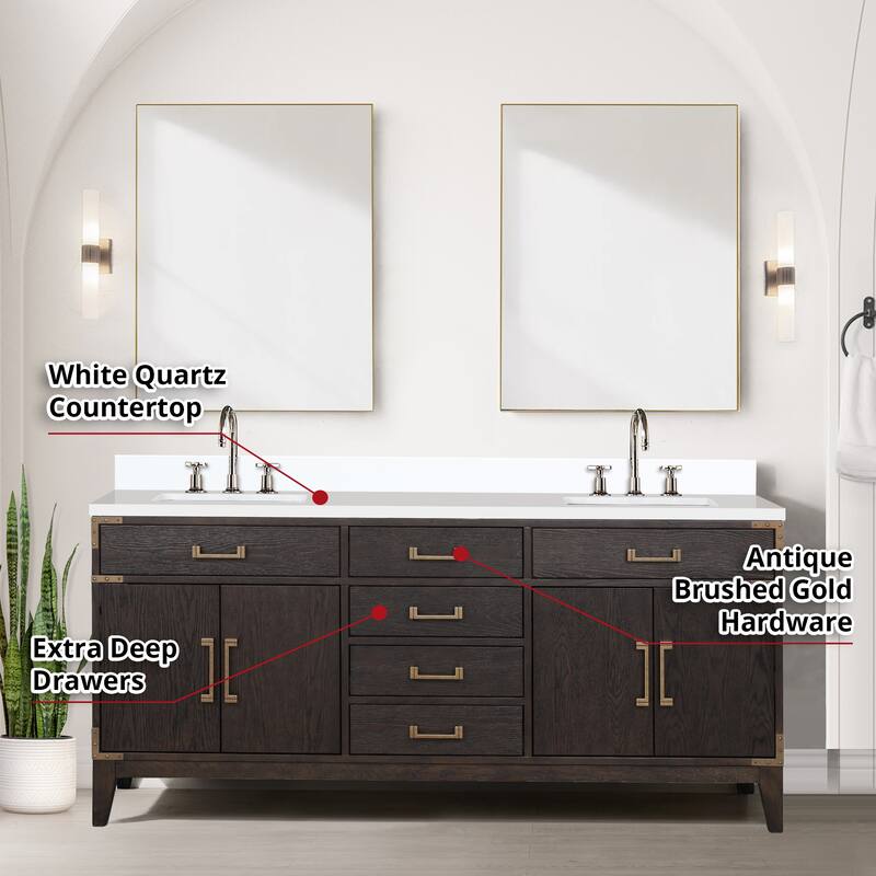 Laurel 60 in W x 22 in D Black Oak Double Bath Vanity, White Quartz Top, Faucet Set, and 28 in Mirrors