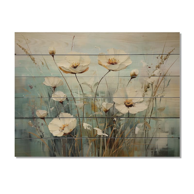 Designart "Meadow Whispers Of Spring I" Floral Print on Natural Pine Wood