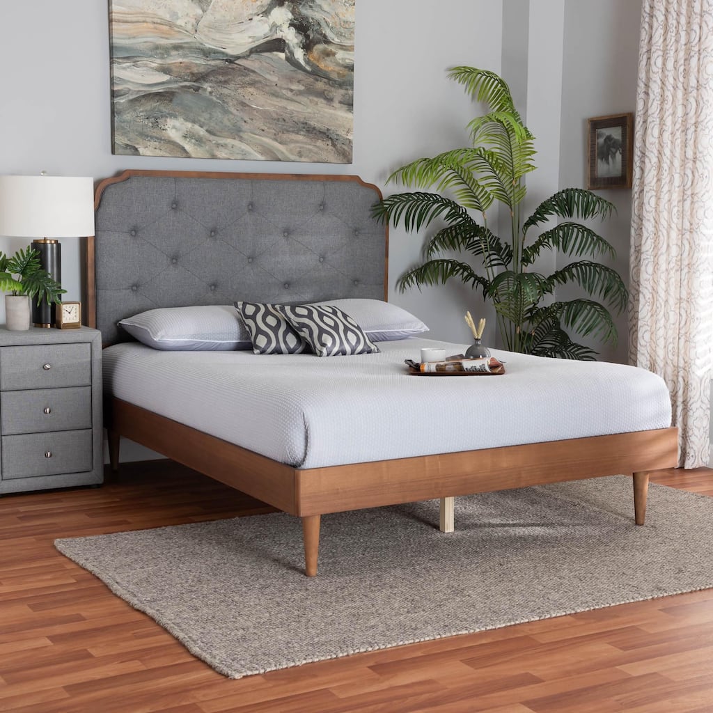 Garron Mid-Century Modern Grey Fabric and Walnut Brown Wood Queen Size Platform Bed