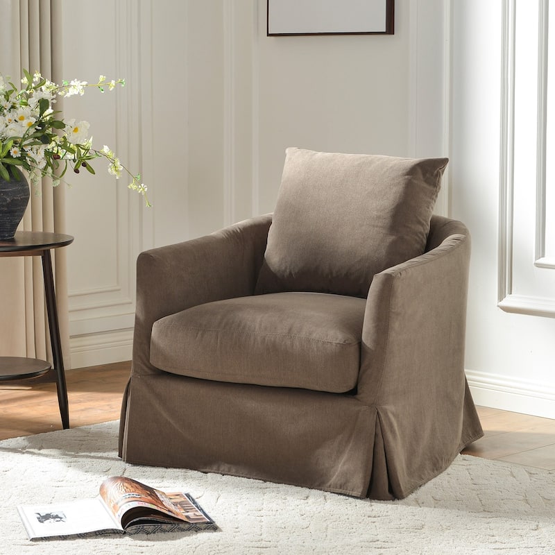 KINWELL 32" W Down Fill Upholstered Slipcovered Swivel Barrel Accent Armchair