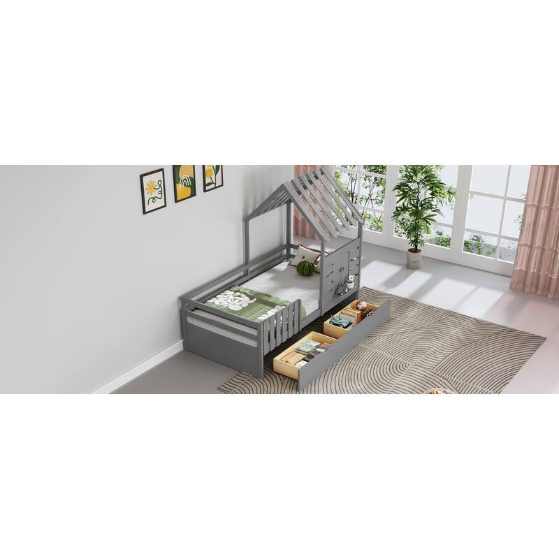 Twin Size House Bed With 2 Drawers and Guardrails