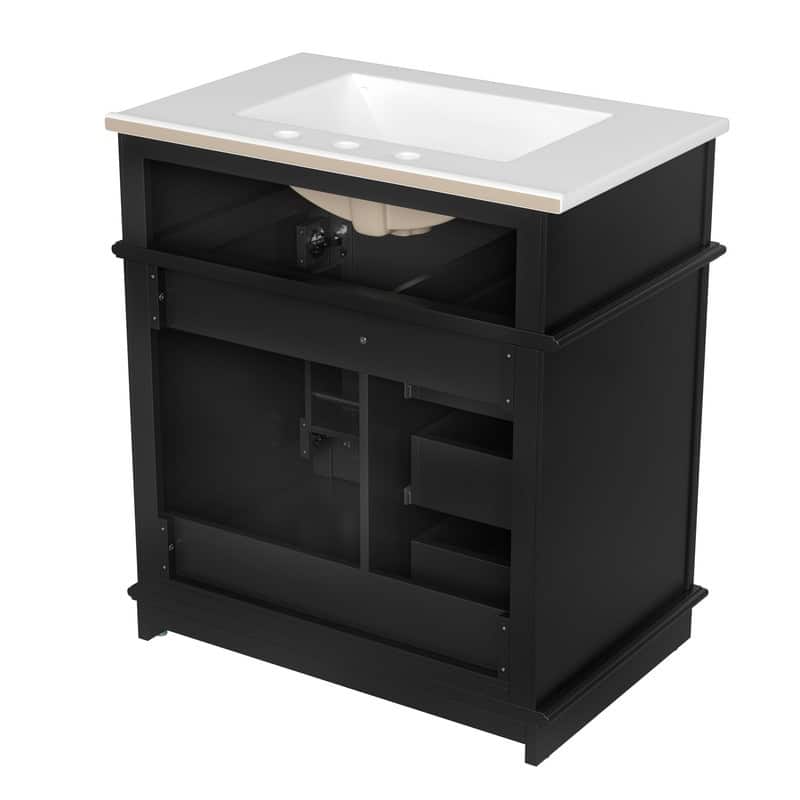 30" Bathroom Vanity with Ceramic Sink, Bathroom Vanity Cabinet with 3 Drawers, 1 Tip-out Drawer, Door Shelf & Soft Closing Door