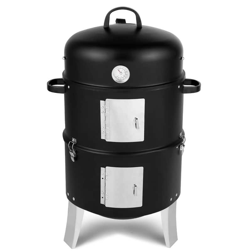 Black Metal Charcoal Smoker With Double Layer Round BBQ Grill - Assembled