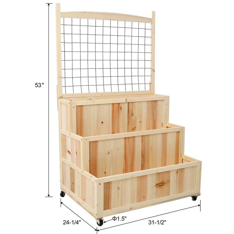 Natural 3-Tier Raised Garden Bed with Vertical Trellis Mobile Planter Box for Herbs and Plants - 31.5”L x 24.25”W x 53”H