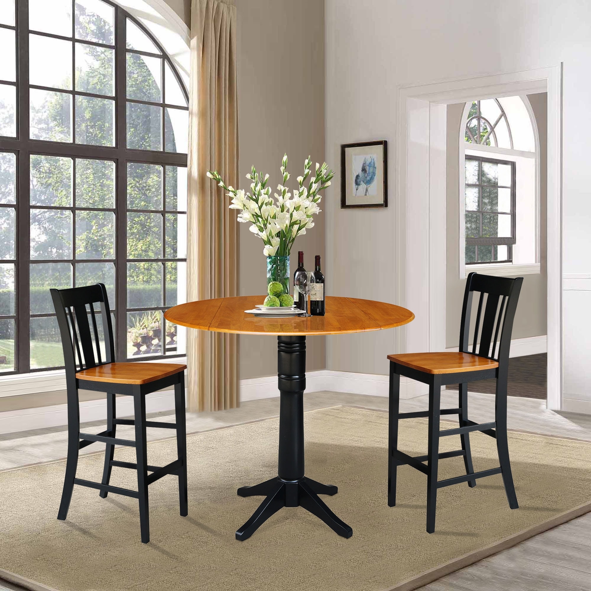 42" Round Pedestal Bar Height Table with 2 Bar Height Stools, Black/Cherry
