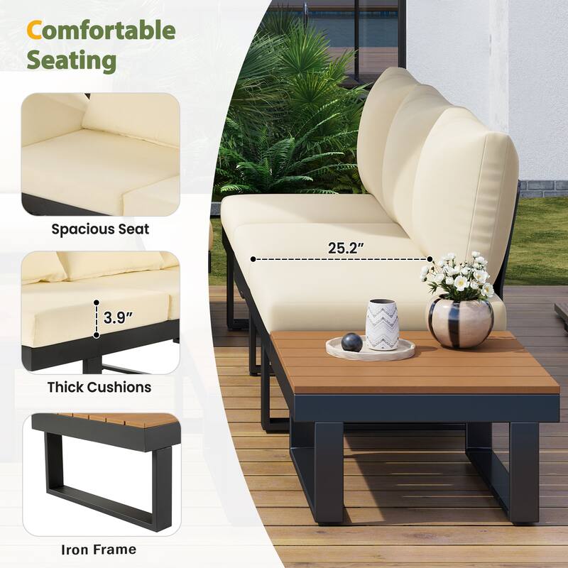 Outdoor Patio Conversation Sofa Set L-shape Sectional Sofa Set with Adjustable Reclining Seats, Coffee Table, Side Table