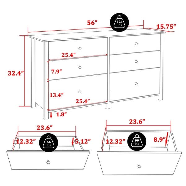 standard dresser dimensions 6 Drawers for Bedroom, Farmhouse 54 Inch Wide Wood Dresser Che My Store brown walnut effect Hudson 6-Drawer Dresser