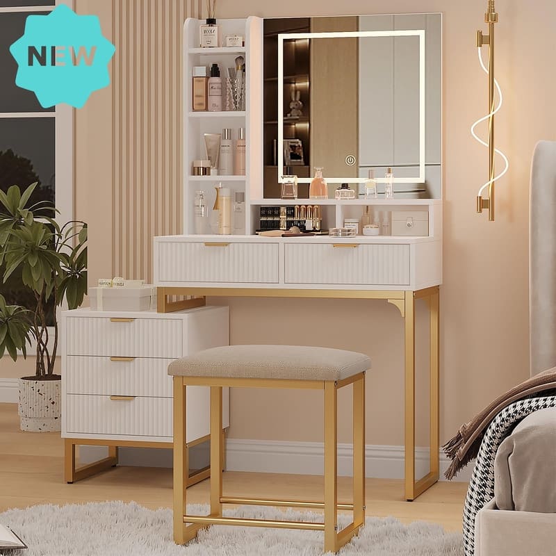 Vanity Desk with LED Mirror and Stool, Movable Side Cabinet, 5 Drawers, - Gold
