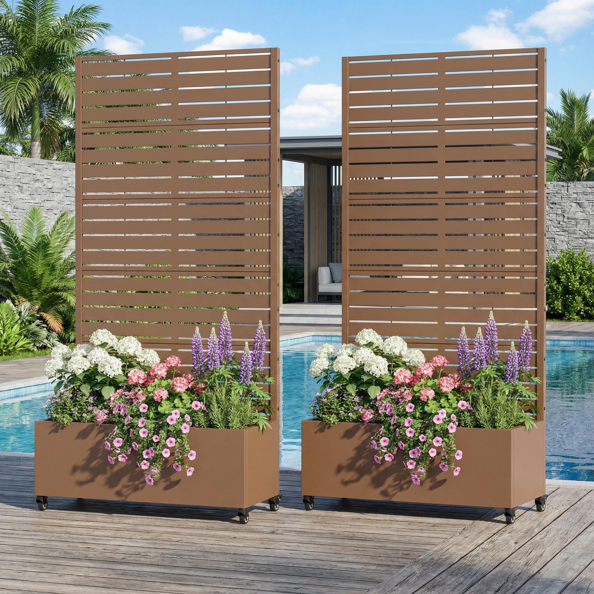 Metal Planter Box with Trellis Privacy Screen Planter Box with Lockable Wheels Set of 2
