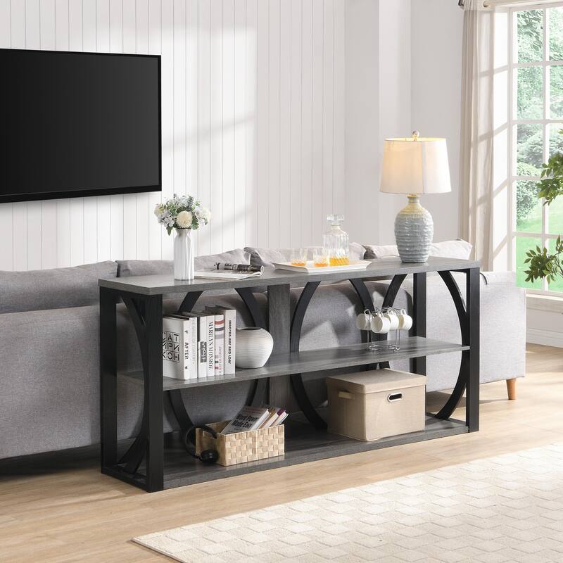 console table with open storage shelf
