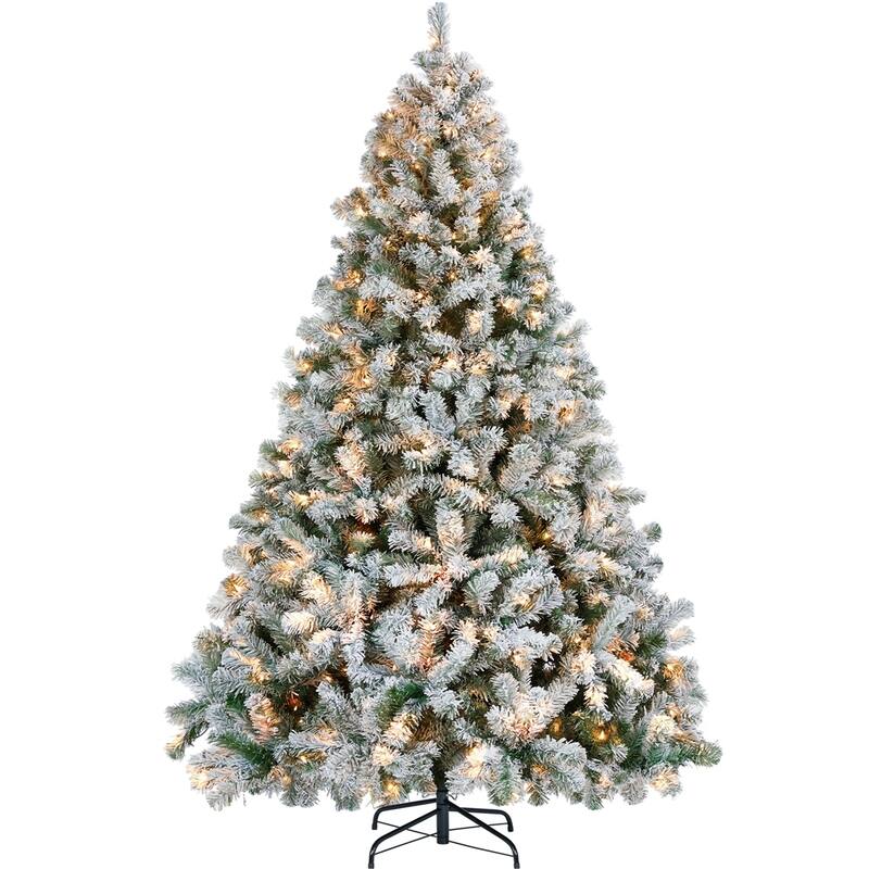 Yaheetech Pre-Lit Snow Flocked Christmas Tree with Incandescent Lights - 7.5 Foot