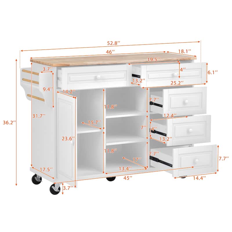 Kitchen Island with on Locking Wheels, Rolling Cart with Rubber Wood Desktop, Mobile Island with 3 Open Shelves & 5 Drawers