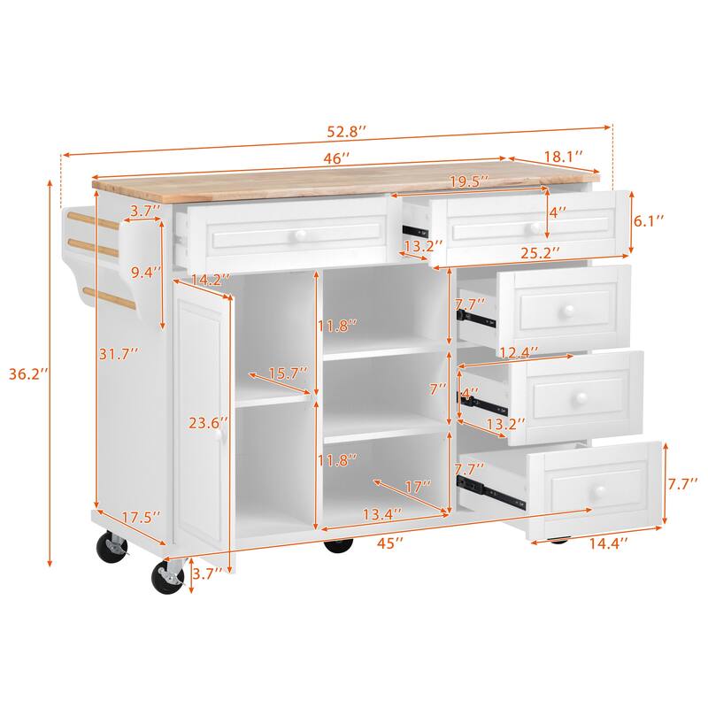 Rolling Kitchen Island Cart with Rubber Wood Top, 5 Drawers, Storage Cabinet & Adjustable Shelves - 53" Black