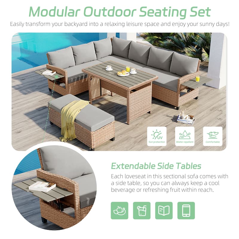 Roomfitters 5-Piece Outdoor Rattan Sofa Set, Patio Sectional Furniture with Dining Table, Storage Bench, Side Trays