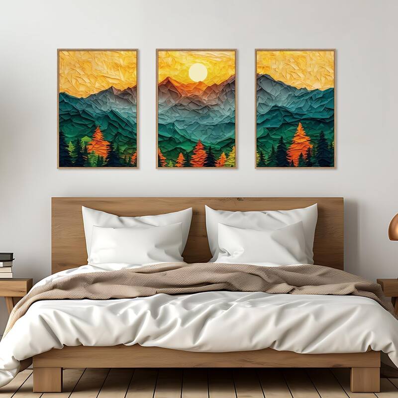 Forest Pine Tree Golden Sunset Wall Decor, Mixed Patchwork Landscape