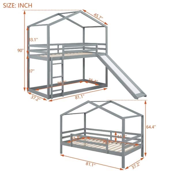 Twin Over Twin Bunk Bed with Roof, Slide and Ladder