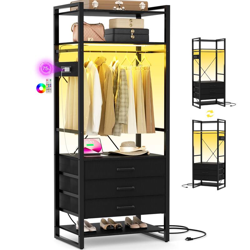 75 '' Tall Garment Rack with 3 Fabric Drawers, 4-Tier Clothing Rack with Power Outlets & LED Lights