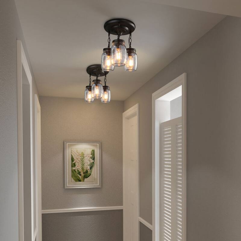 Modern Farmhouse 3-Light Mason Jar Glass Chandelier Semi Flush Mount Ceiling Light - D11.8" x H13"