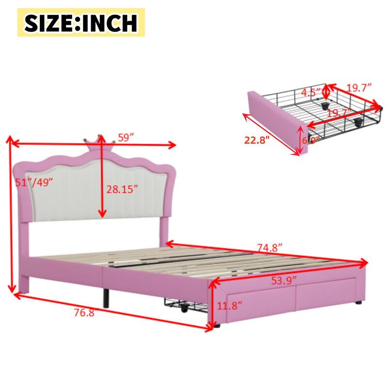 Full Size Upholstered Bed Frame with LED Lights, Crown Headboard, 2 Drawers, Pink+White