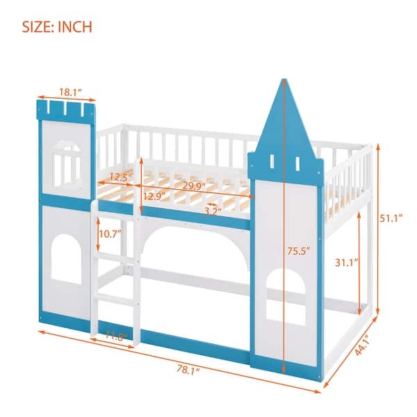 dimension image slide 1 of 2, Castle Shaped Wood Bunk Bed with Door and Window, Twin Over Twin Size