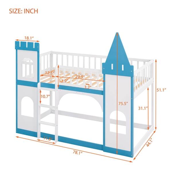 Moden Style Twin Over Twin Bunk Bed, Castle-like Bed with Guardrails and Door & Windows, Easy to Assemble
