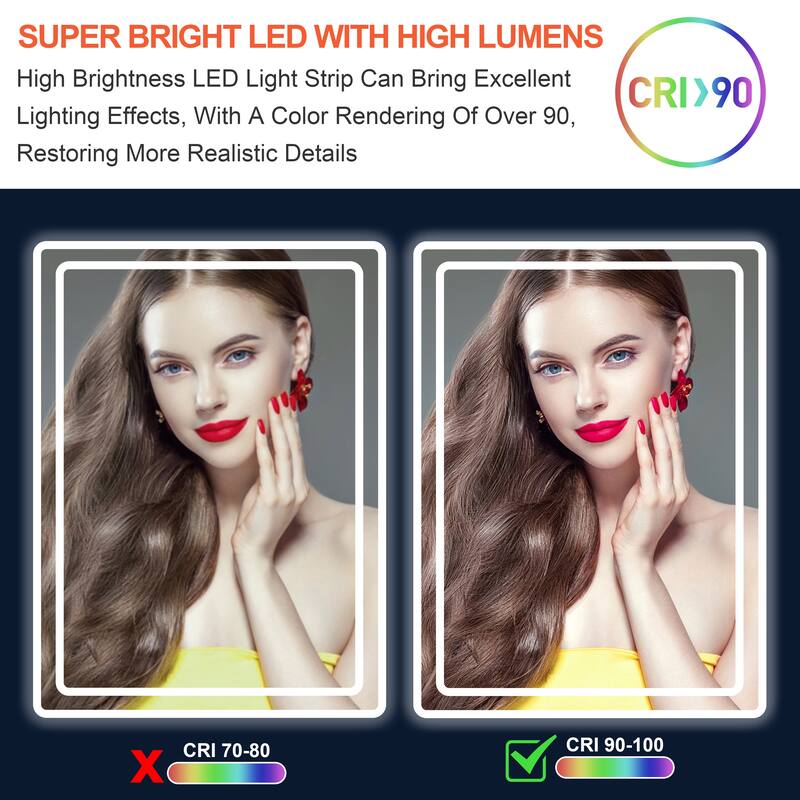 CB HOME Bathroom Mirror with Lighted, LED Wall Mounted Anti-Fog Bathroom Vanity Mirror, Backlit&Front Lighted,Frameless,Dimmable