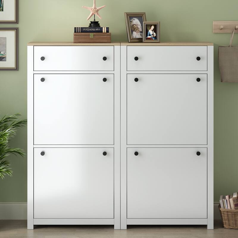 Slim Shoe Cabinet Set with 4 Flip Drawers - White