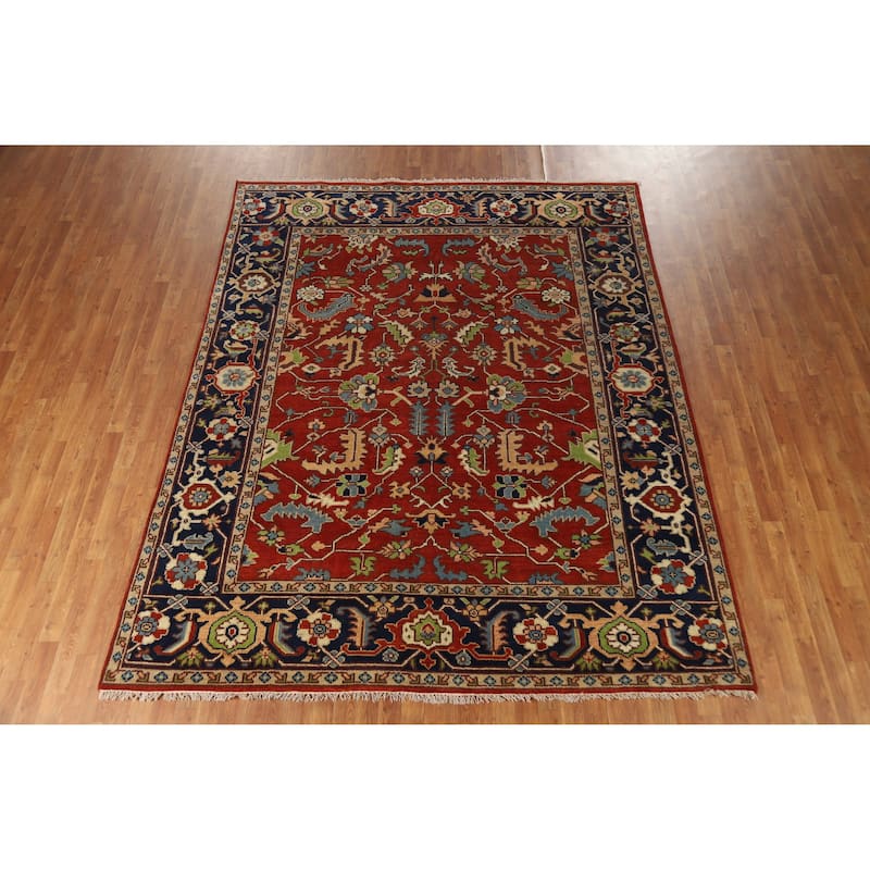 Hand Knotted Oriental 100% Wool Carpet Transitional All-Over Red Oushak Area Rug - 9' 11'' X 7' 11''
