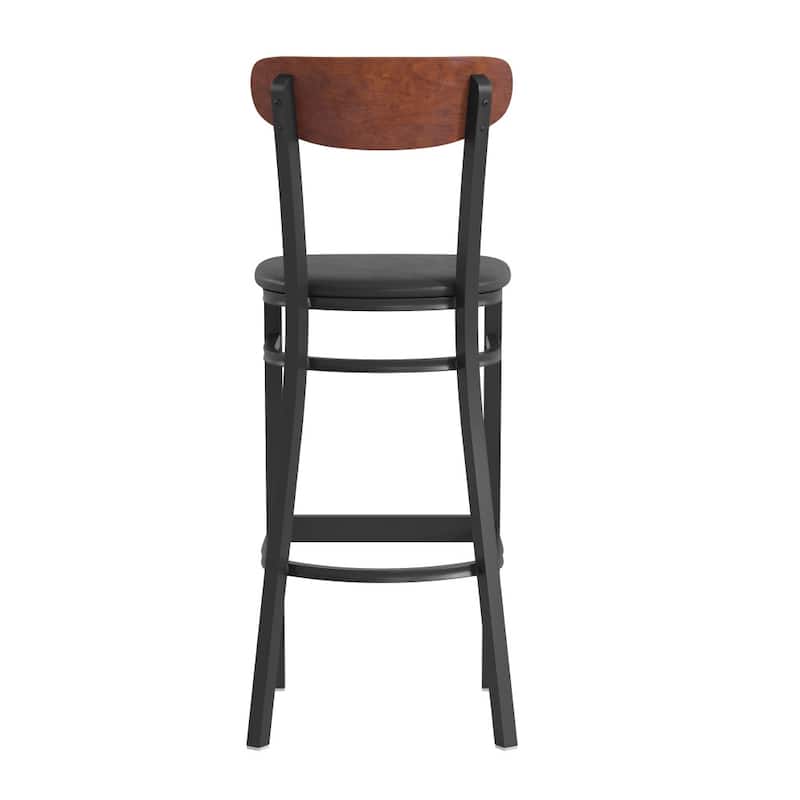 Commercial Metal Barstool with Wood Seat and Boomerang Back