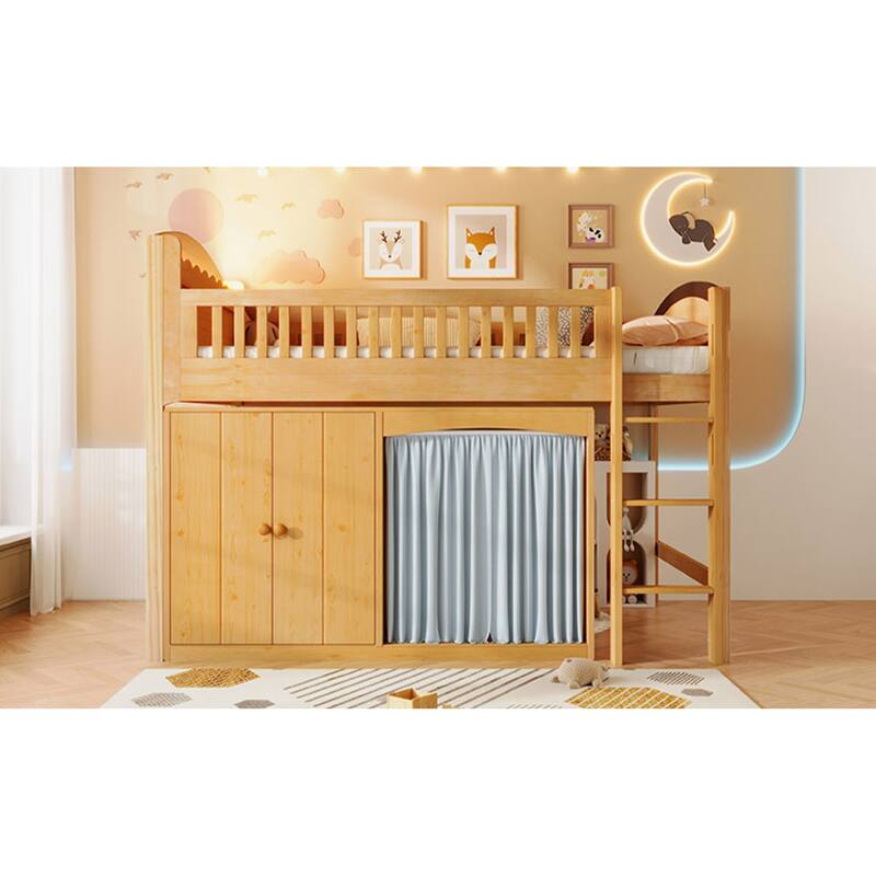 Roomfitters Twin/Full Size Loft Bed with Storage Cabinet, Wardrobe and LED Light