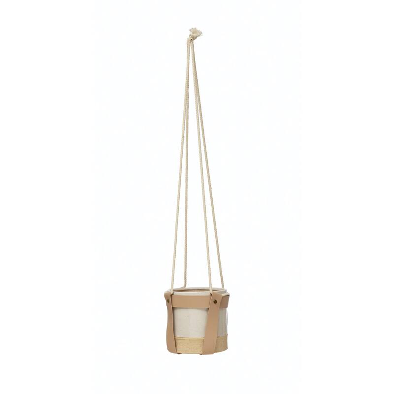 Hanging Stoneware Planter with Faux Leather Straps and Rope Hanger