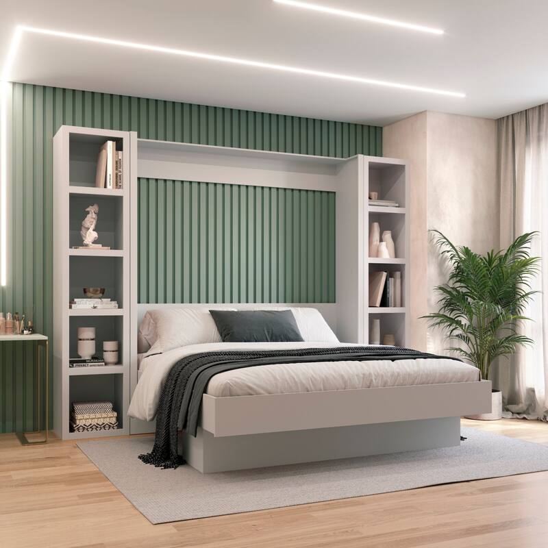 Easy-Lift King Murphy Wall Bed with Two Bookshelves - White