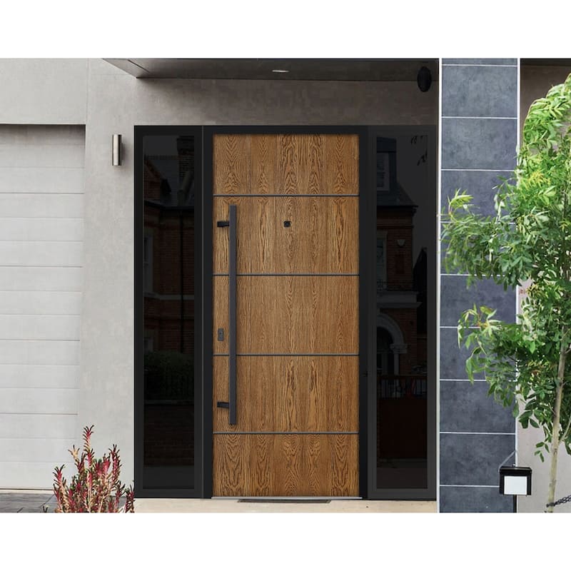 Exterior Prehung Steel Entry Door 0131 Black Enamel 2 Sidelites Top Window Stainless Steel Inserts W16+36+16xH80+16