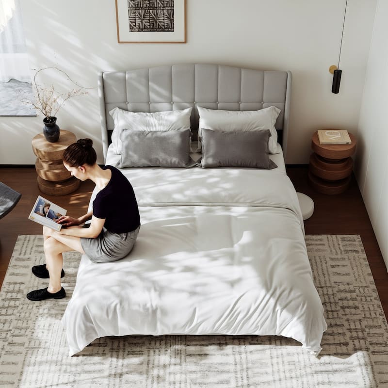 Upholstered Platform Bed Frame with Wingback Headboard and Wooden Slats