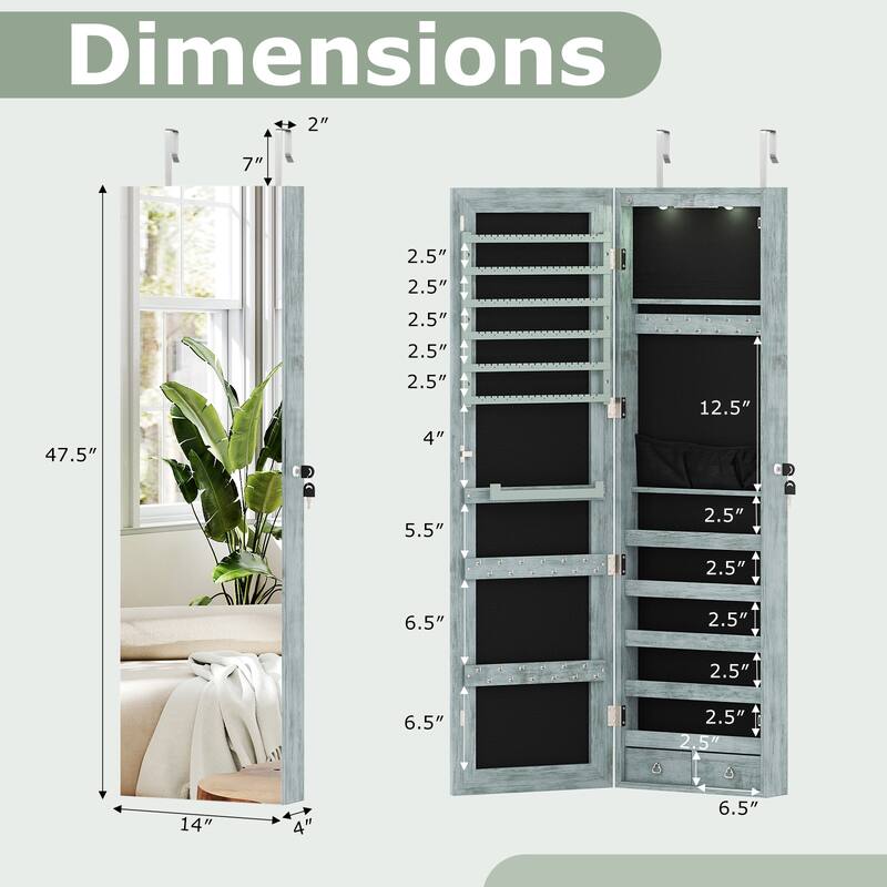 Costway Mirrored Wall & Door Mounted Jewelry Cabinet Storage Organizer - See Details