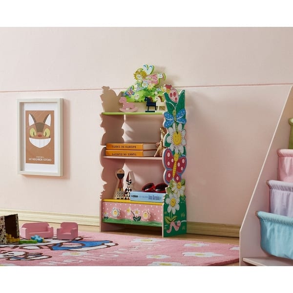 slide 2 of 10, D&N Kids Olivia the Fairy Girls Hand Painted 3 Tier Flower Bookcase with Drawers Multi