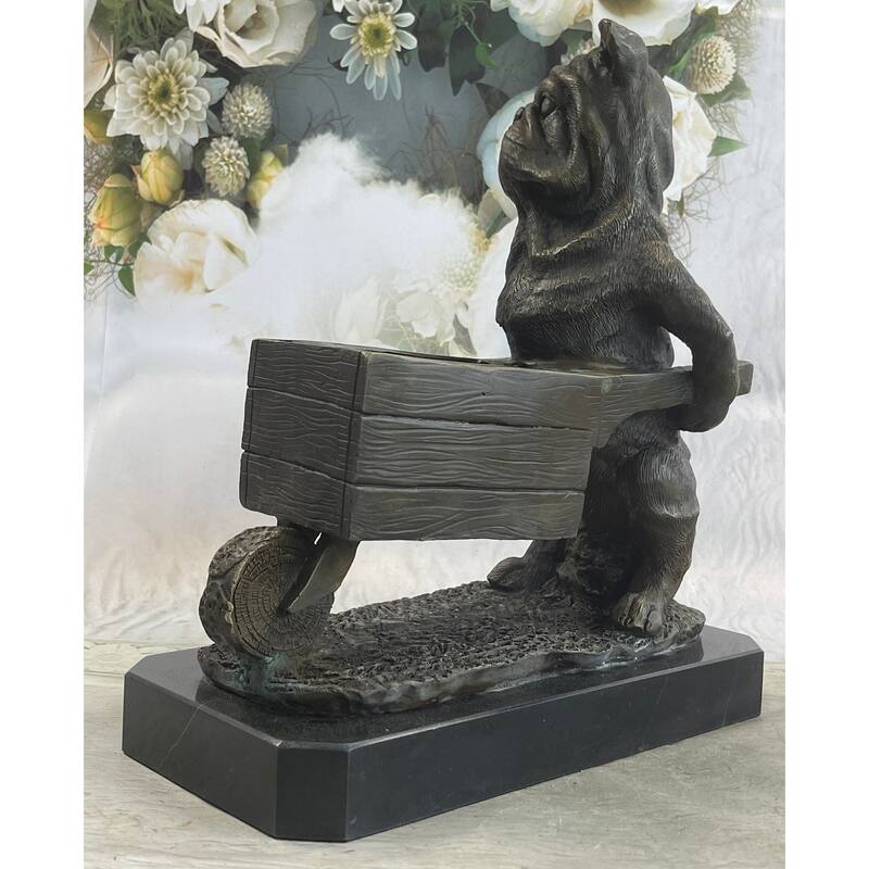 English Imitative BullImitative dog Pushing Wheelbarrow Bronze Planter Dish Sculpture Figure 12 Inches X 12 Inches