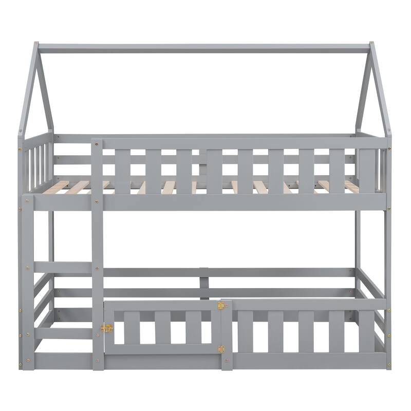 Twin House Bunk Bed for Kids with Door, Fence Guardrails, and Roof Design, Pine Wood