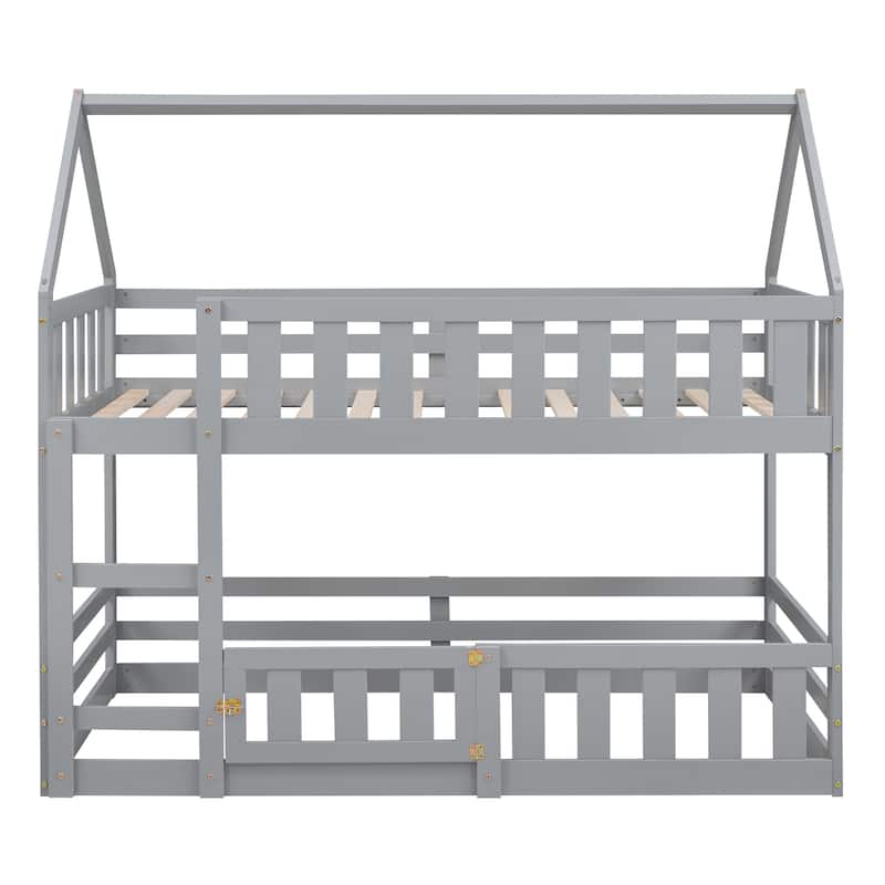 Twin over Twin Wooden House Shaped Bunk Bed with Fence and Door