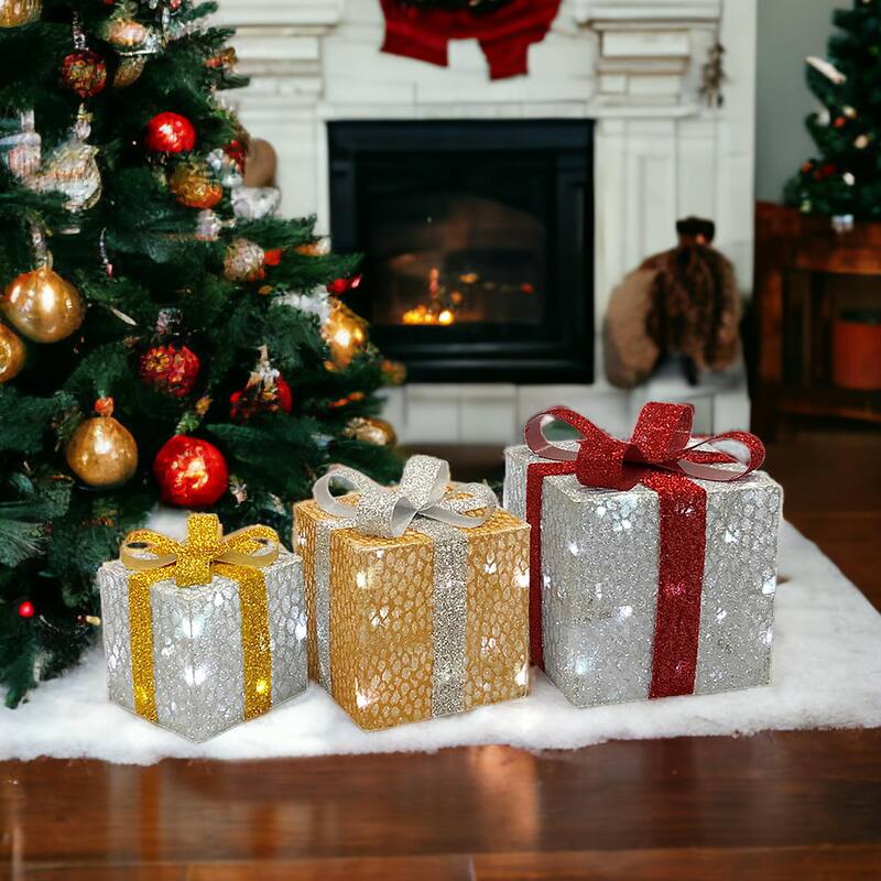 Christmas 1 ft. 3D Morphing Gift Boxes Woven Glitter, Set of 3