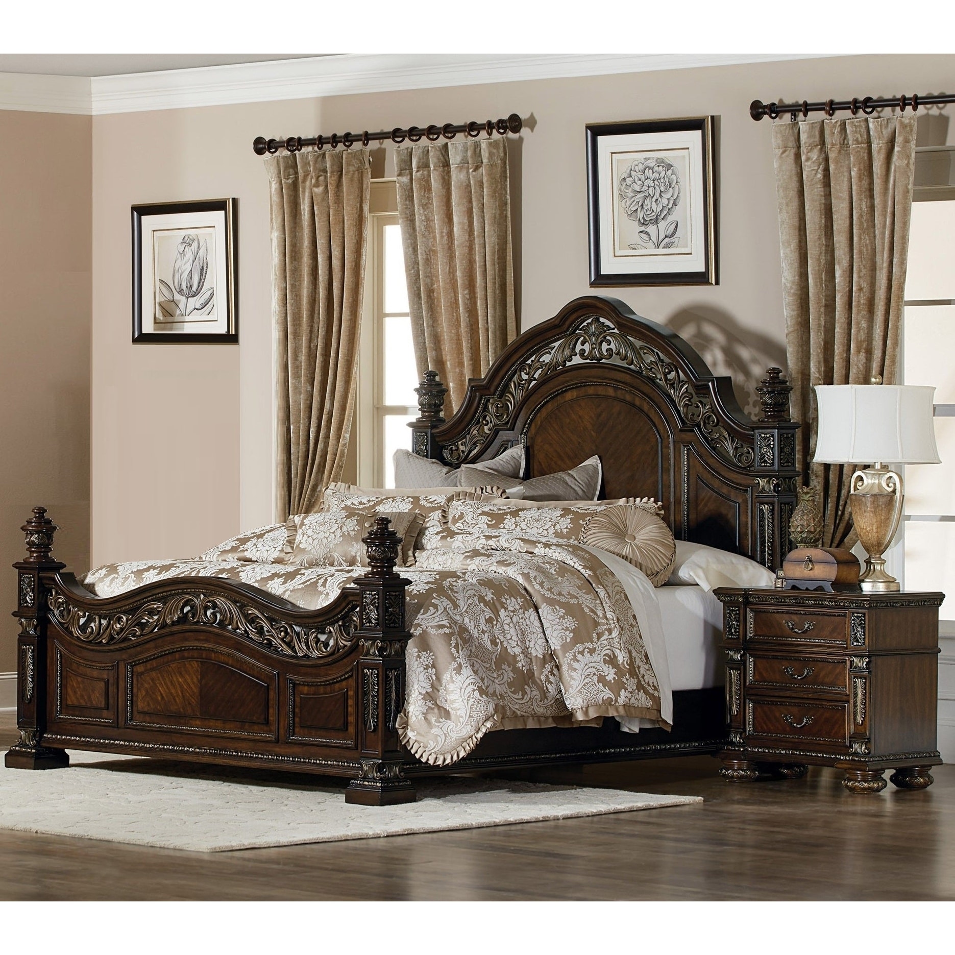 Dark Cherry Finish 3pc Luxury Formal Bedroom Set Bed and Two Nightstands