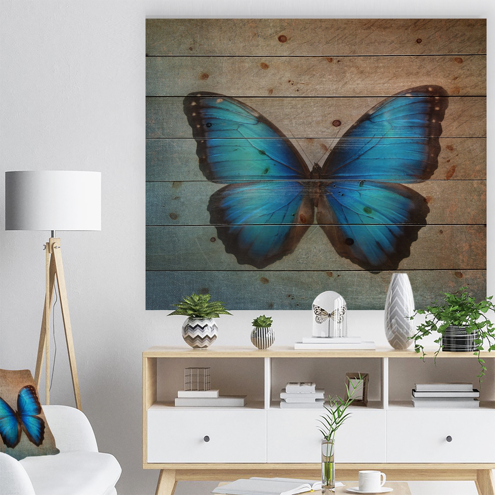Designart Blue Vintage Butterfly Floral Art Print On Natural Pine Wood Blue Overstock Designart Blue Vintage Butterfly Floral Art Print On Natural Pine Wood Blue Overstock