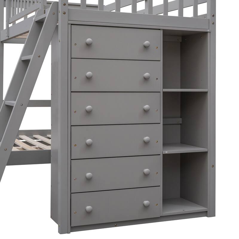 Twin Over Full Bunk Bed with Wheels, 6 Drawers and 3 Shelves