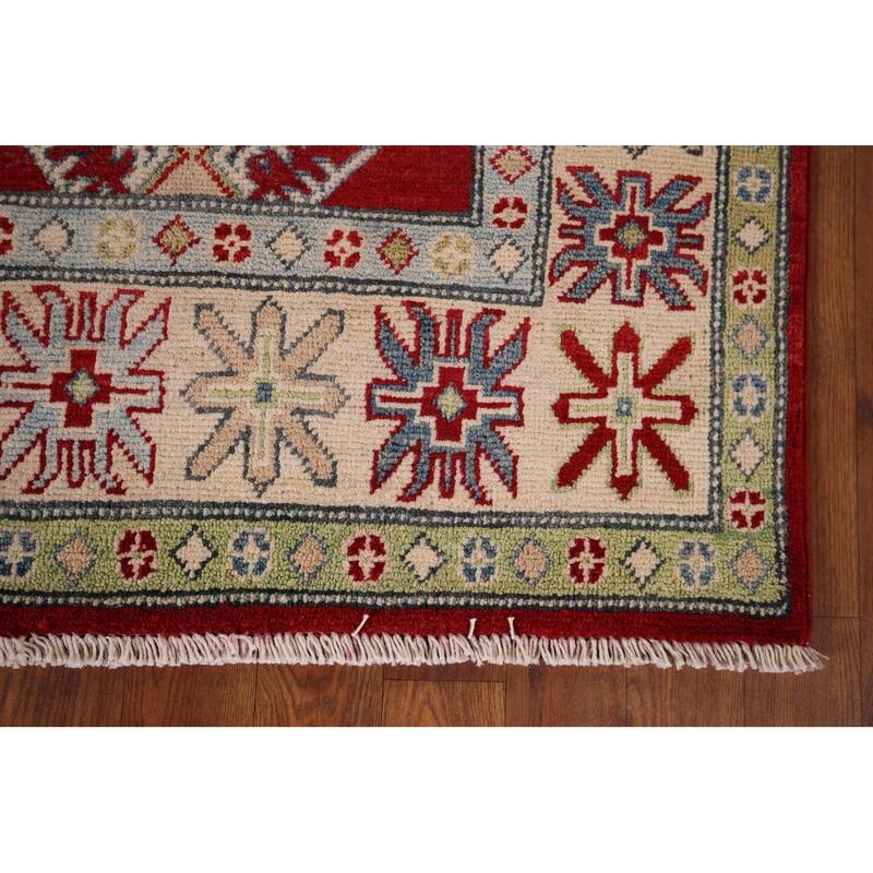 Red Geometric Kazak Rug Hand-Knotted Traditional Wool Carpet - 5'0" x 7'0"
