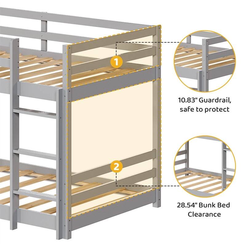 Kids Low Floor Bunk Bed Twin Over Twin With Guard Rails And Stairs