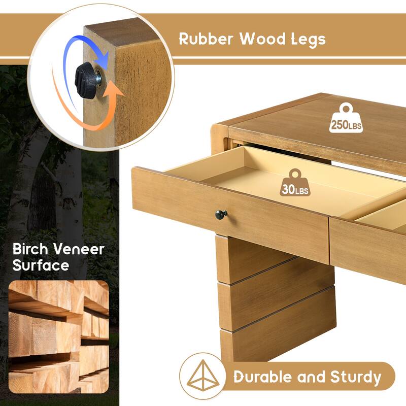 Anmytek Farmhouse Rustic Curved Wooden Storage Console Table with 2 Drawers for Entryway Hallway Living Room Natural