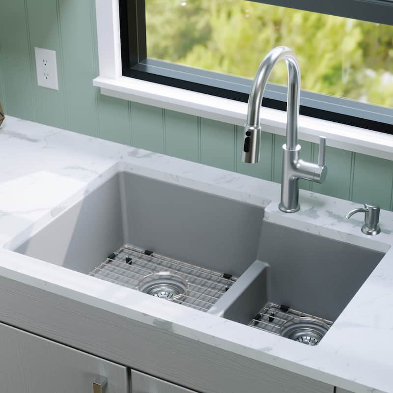 Karran 32" Undermount Large/Small Bowl Quartz Kitchen Sink Kit - 32" x 21.25" x 9"